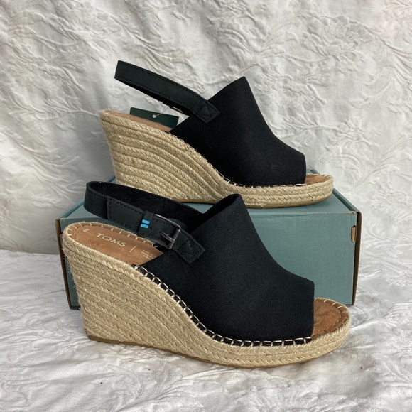 NWT TOMS Monica Black Espadrille Wedge Slingback - Picture 2 of 4